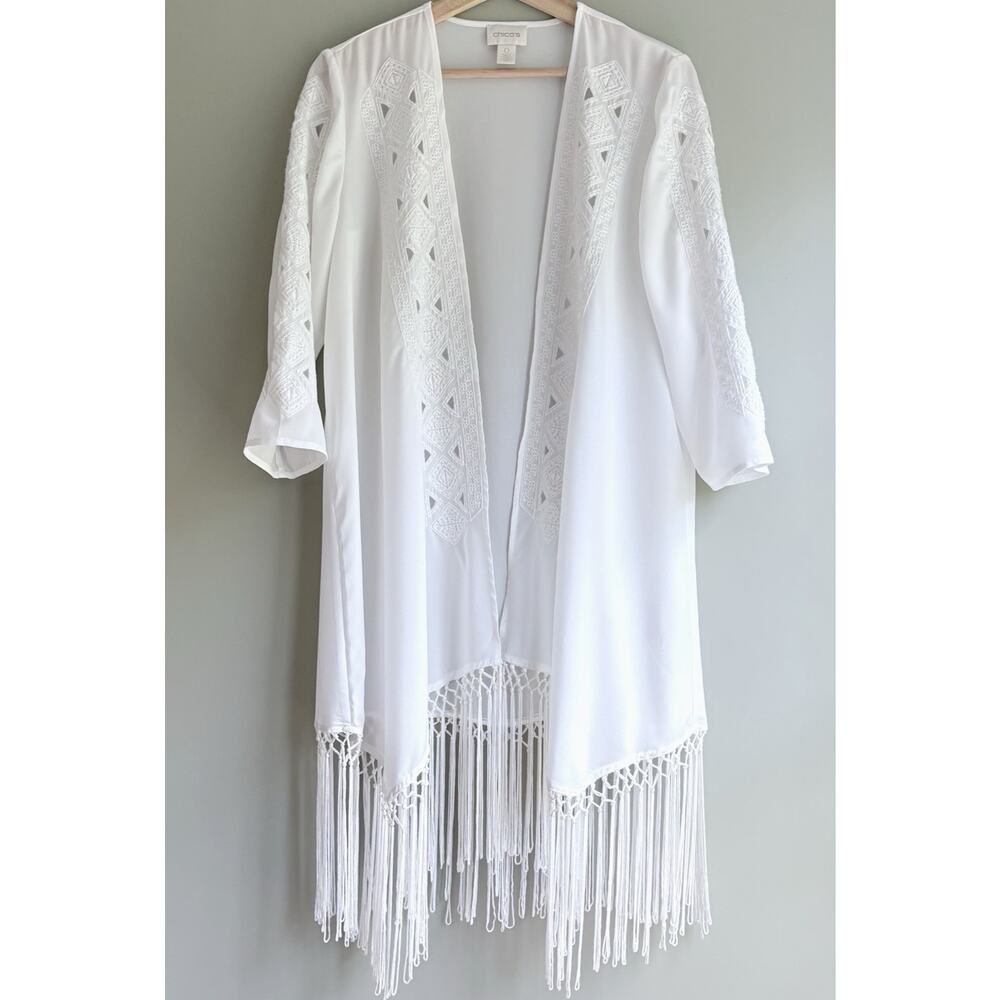 CHICOS‎ Embroidered Fringe Kimono Open Front Ivory White Festival Boho Beach S
